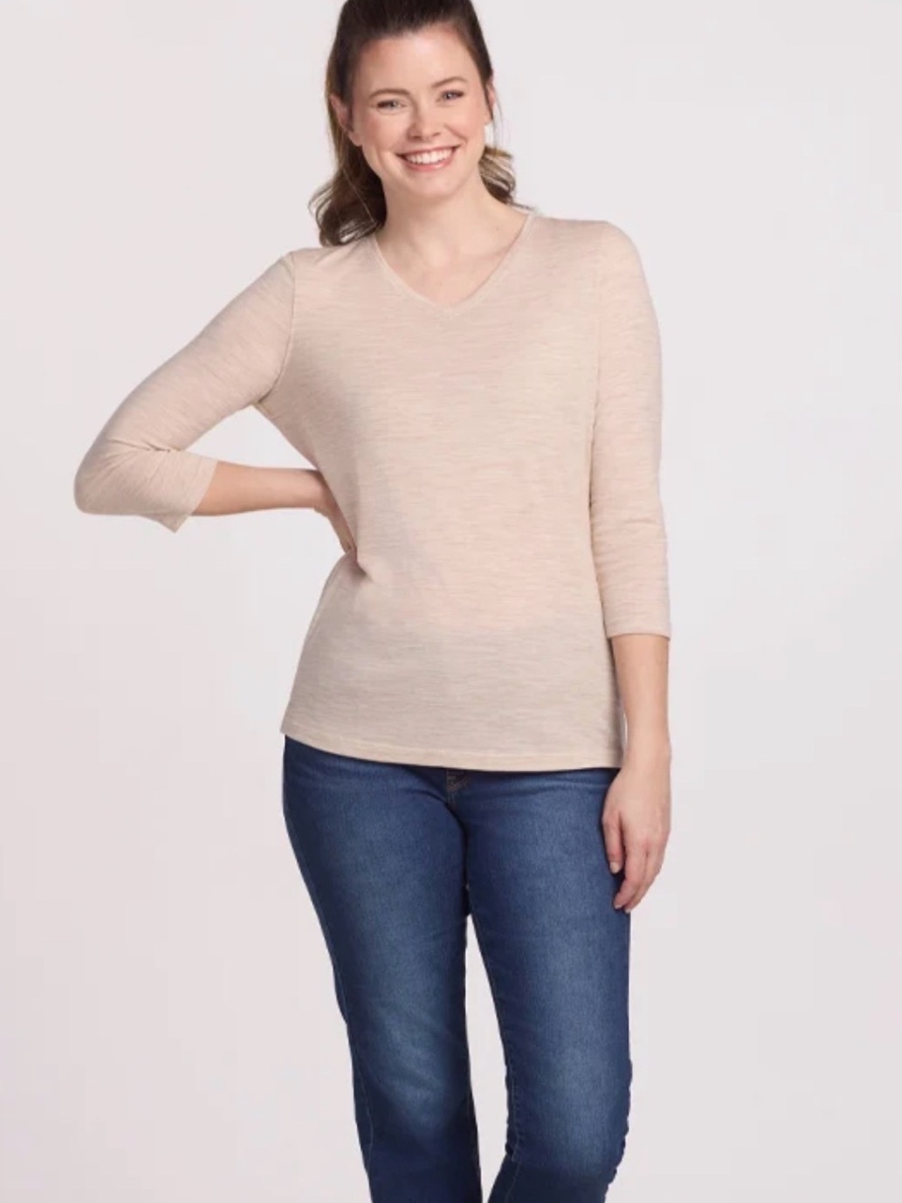 Woolx Elena 3/4 Sleeve Wool Shirt Loose Fit Cream Heather Sz L
